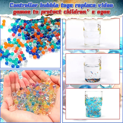Colorful water beads in a container with text about replacing video games.