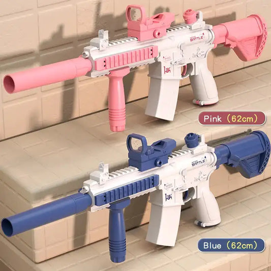 Two toy guns, one pink and one blue, on a tiled floor.