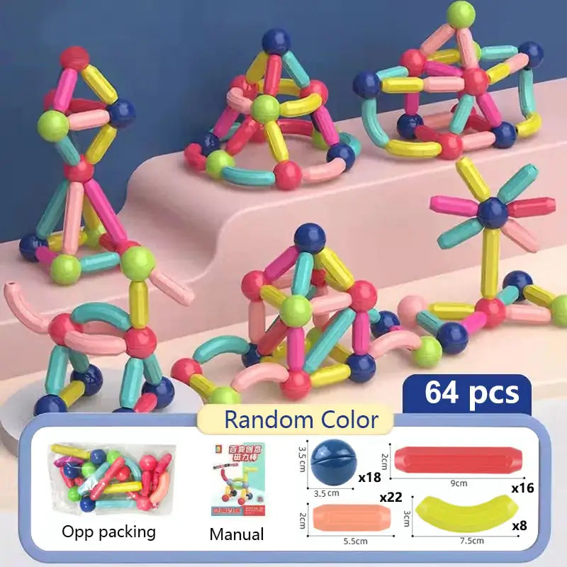 Colorful magnetic building sticks with a packaging label indicating 64 pieces and random color option.