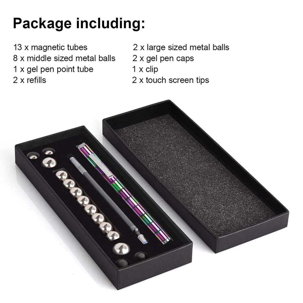 Black packaging box with stationery items including a pen, magnetic tubes, and metal balls.