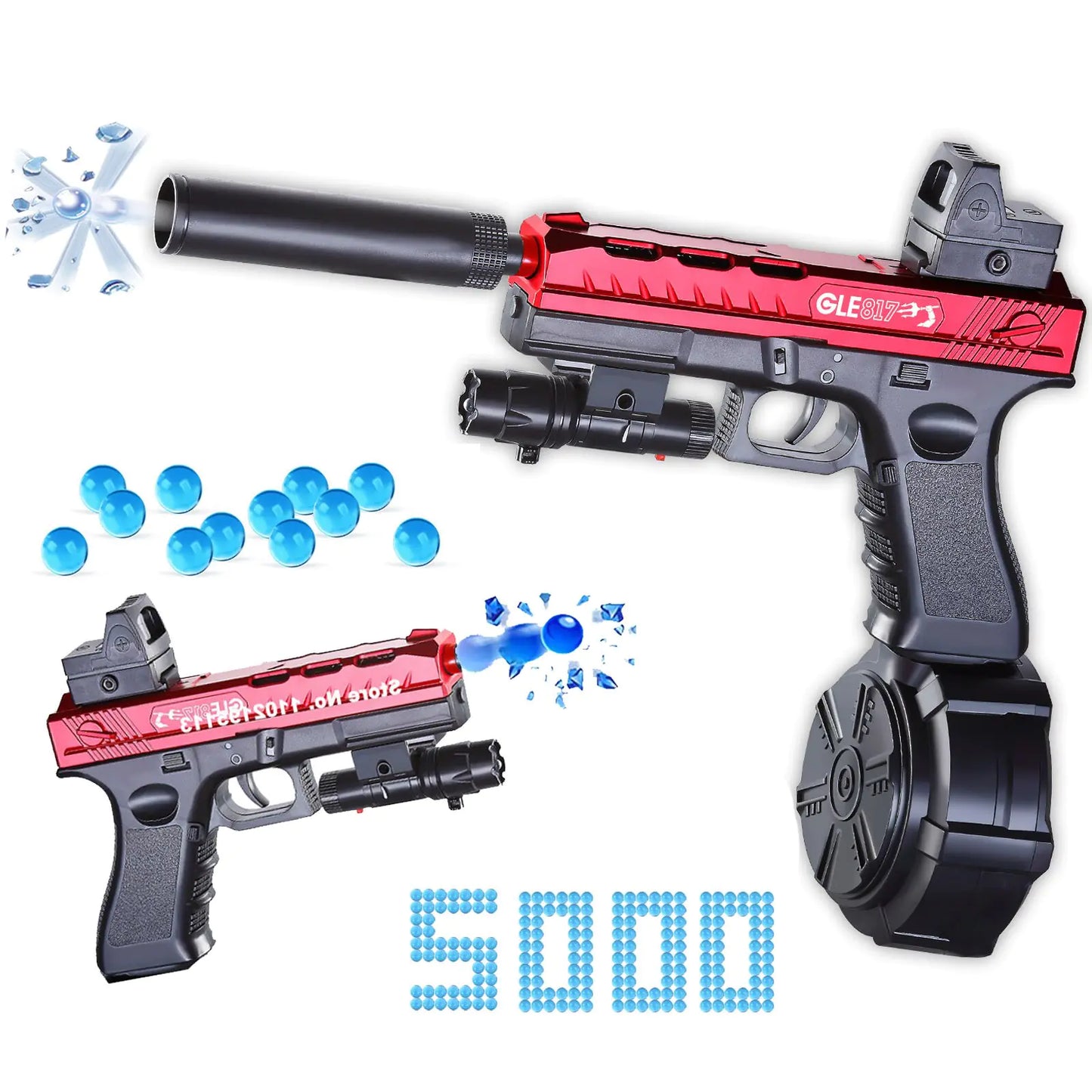 Toy gun with blue pellets on a white background