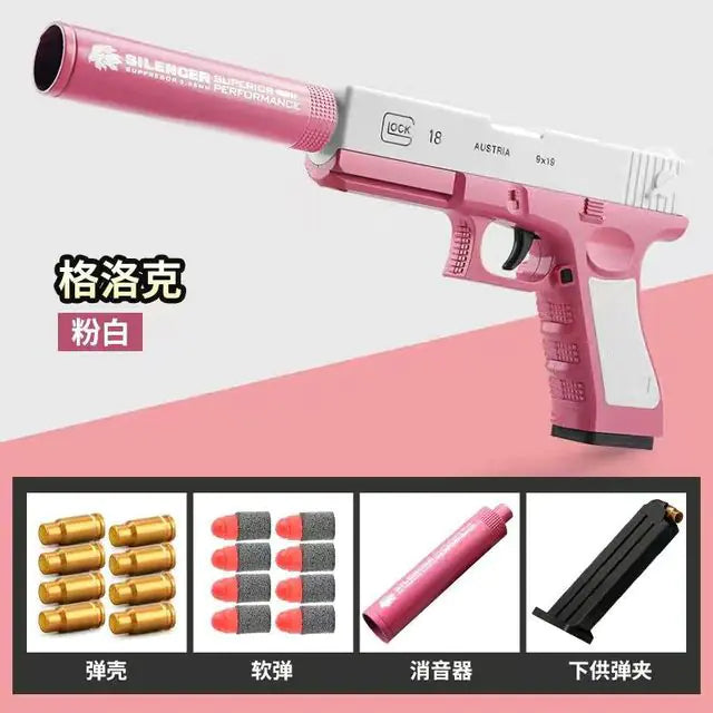 Pink toy gun with accessories on a pink and gray background