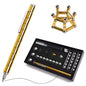 Gold pen, geometric metal puzzle, and black box with components on a white background