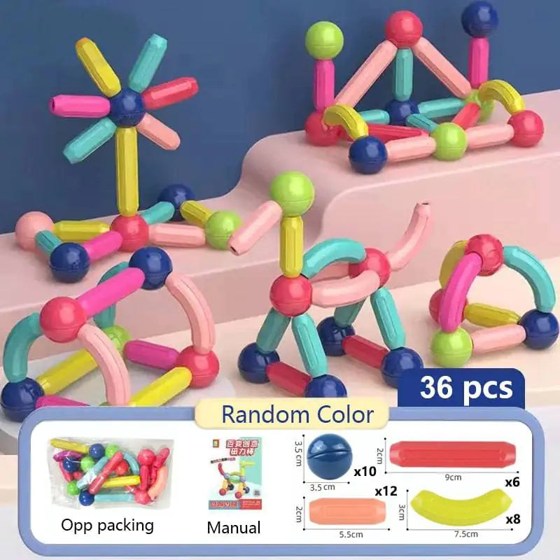 Colorful magnetic building toy set with packaging displaying '36 pcs' and product details.