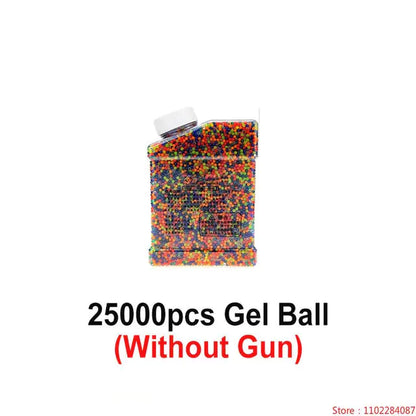 Multicolored gel balls in a container with text indicating quantity and availability on a white background.