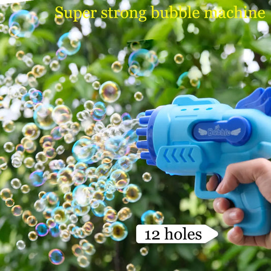 Blue bubble gun with 12 holes blowing bubbles against a green leafy background