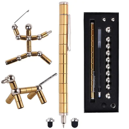 Gold pen with interchangeable components and packaging on a white background