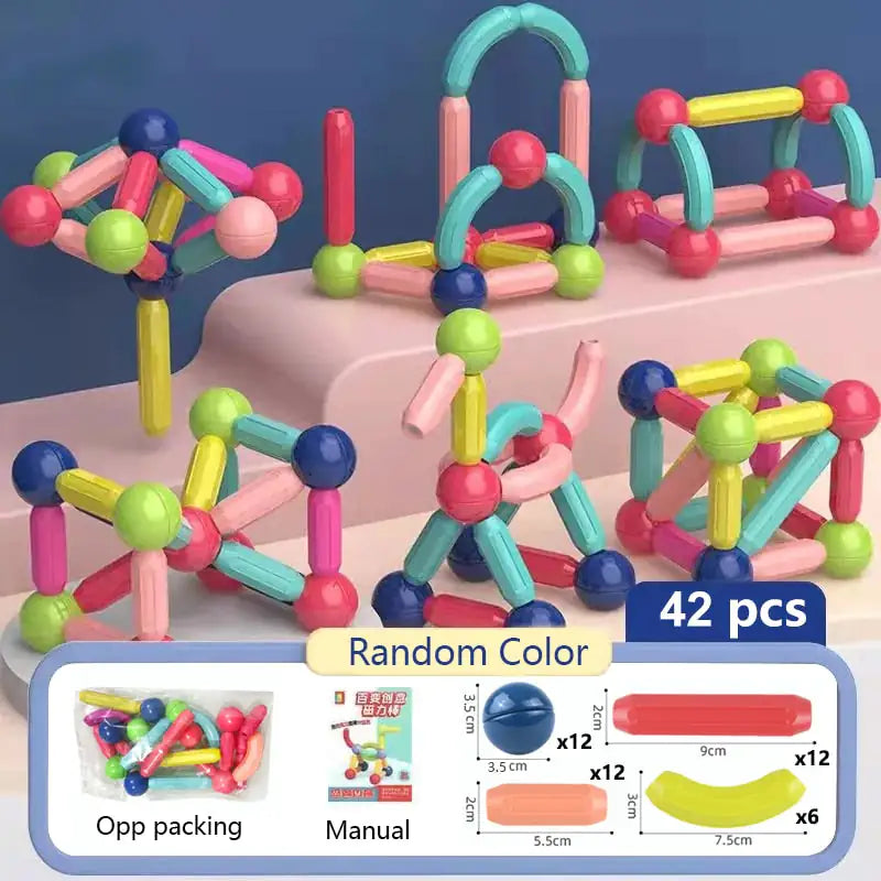 Colorful magnetic building toy set with packaging displaying '42 pcs' and product details.