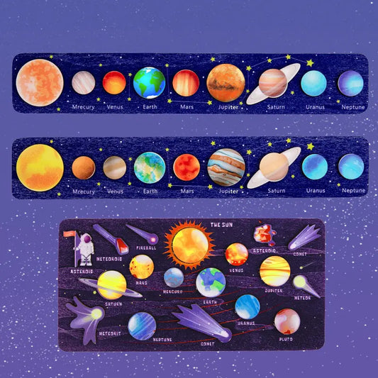Set of three educational posters about the solar system on a purple background with star patterns.