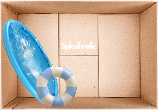 Blue inflatable pool toy with a life buoy in a cardboard box, featuring the brand 'Splashrelic'.