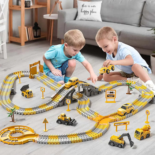 Two children playing with a toy construction vehicle set on a living room floor.