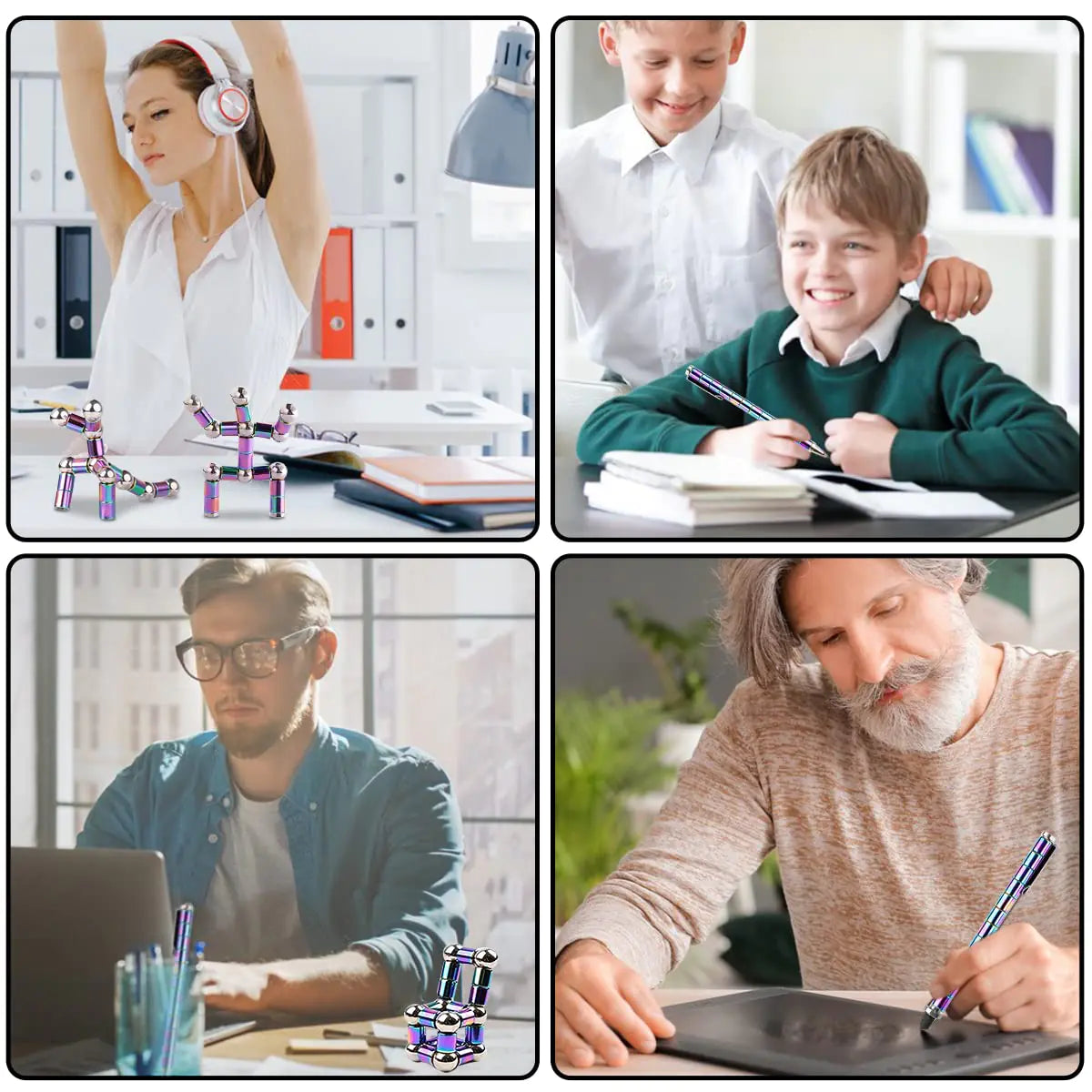 Collage of four scenes showing people engaged in different activities: a woman exercising, a boy studying, a man working on a laptop, and an older man writing.