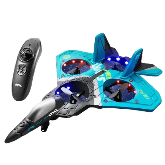 Toy jet with LED lights and remote control on a white background