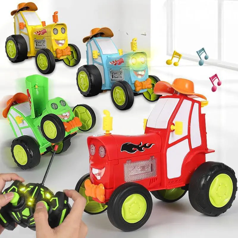 Colorful toy tractors with animated faces on a white background
