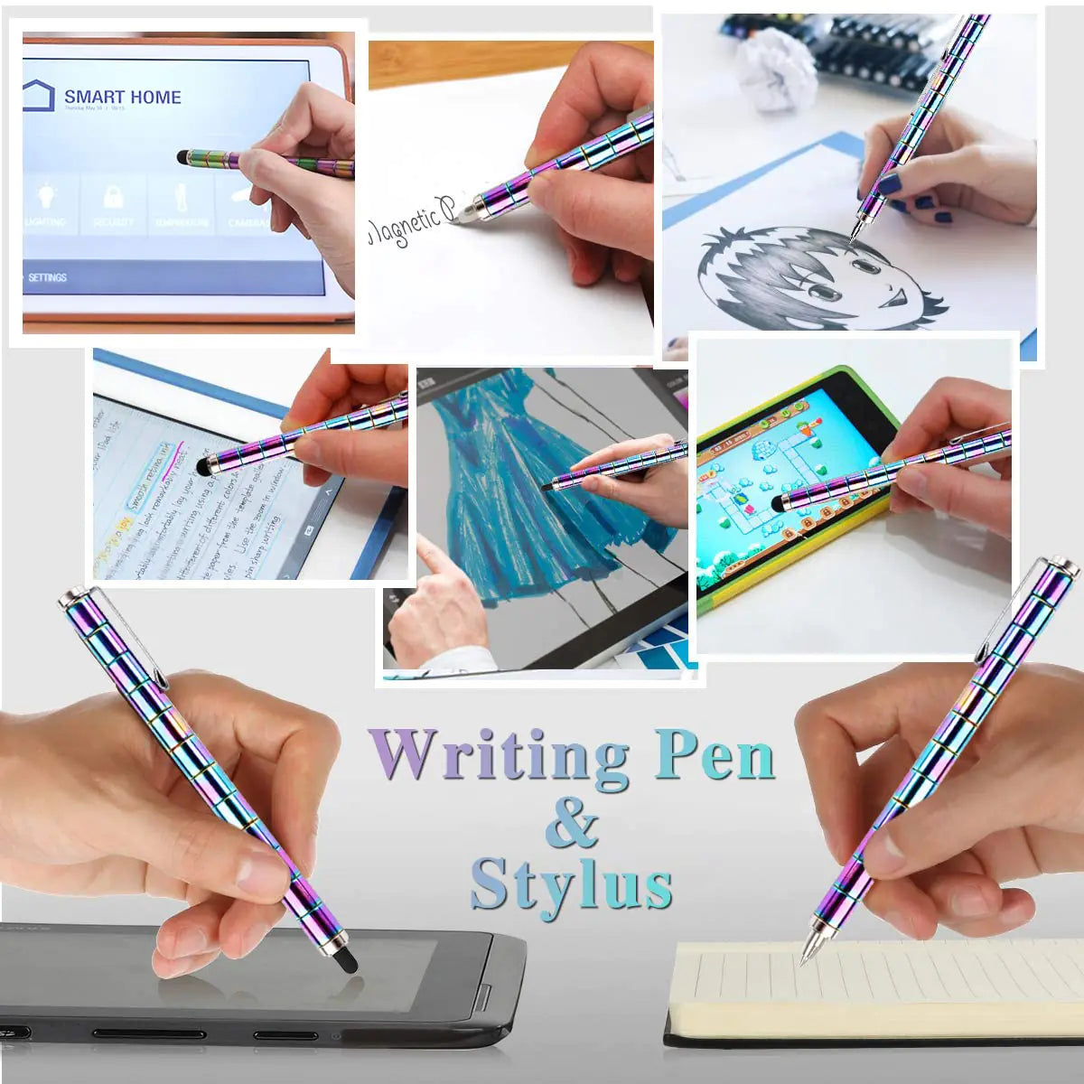 Collage of a writing pen and stylus in use on various surfaces.