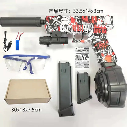 Collection of airsoft gun components and accessories on a white background with dimensions displayed.