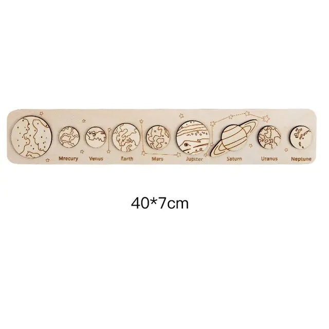 Wooden puzzle with illustrations of planets on a white background