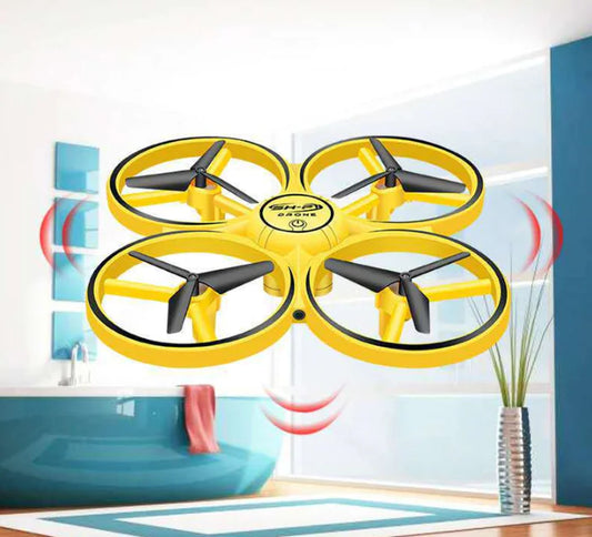 Yellow drone with black propellers on a white background