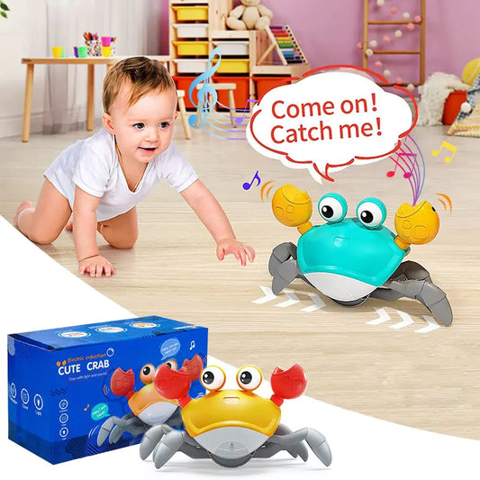 Child playing with a toy crab in a room with educational toys in the background
