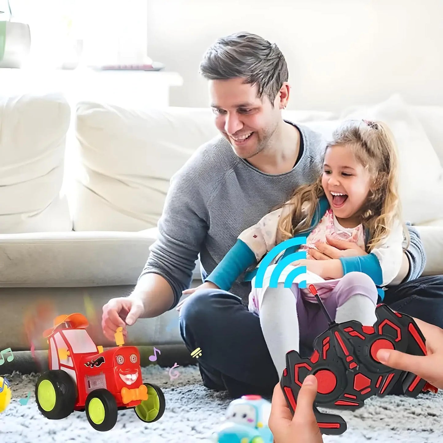 Man and young girl playing with toys on a carpeted floor.