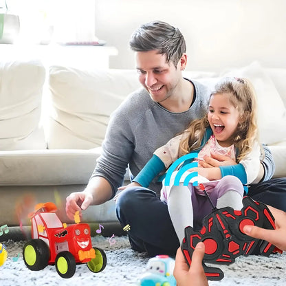 Man and young girl playing with toys on a carpeted floor.