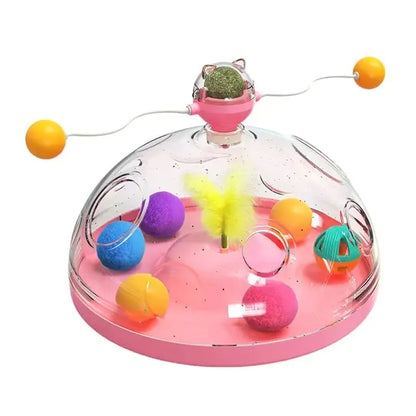 Cat toy with colorful balls and a transparent dome on a white background