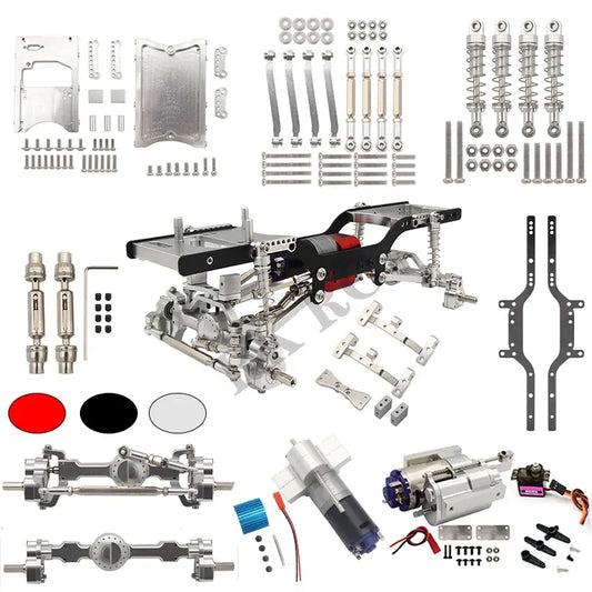 Collection of RC car parts including chassis, motors, and various components on a white background.