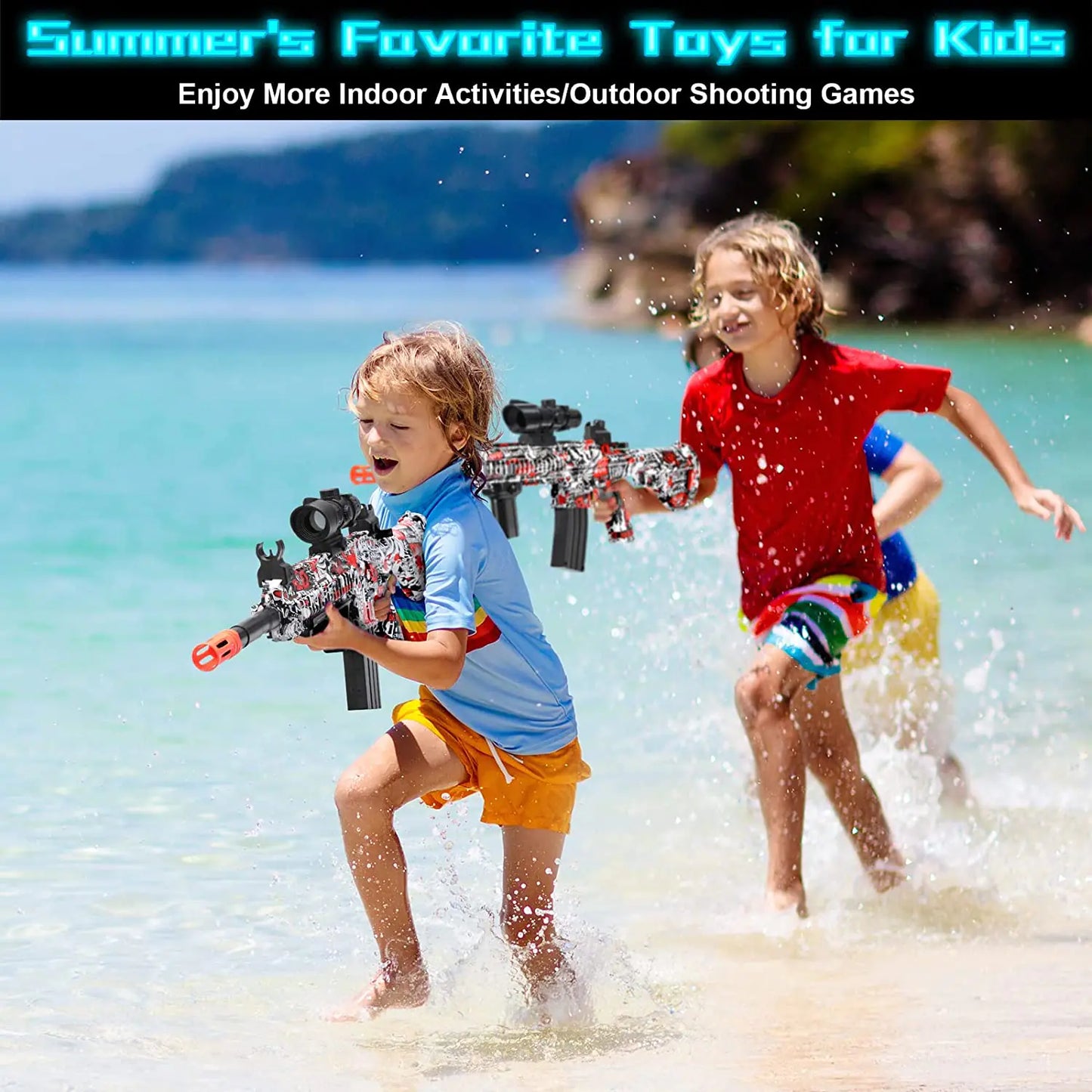 Two children playing with water guns on a beach with text about summer toys.