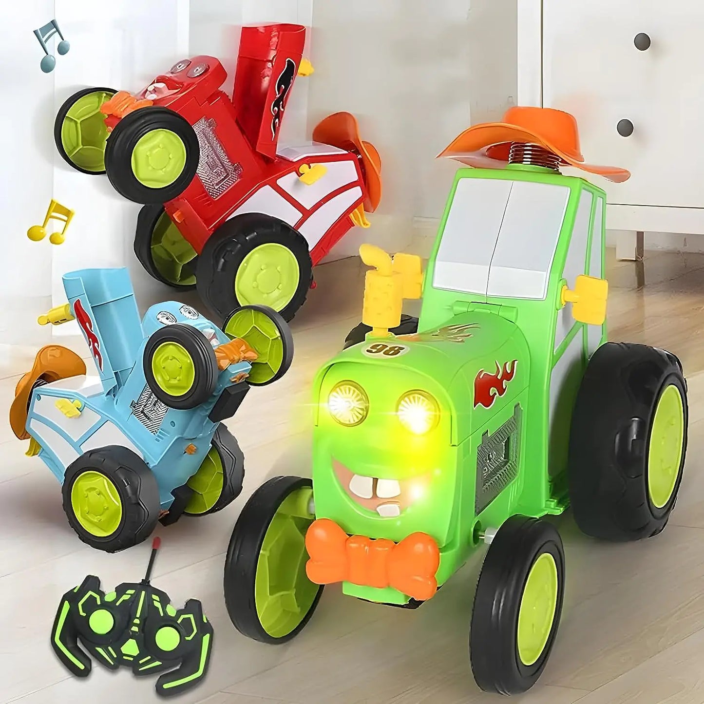 Toy cars with lights and sounds on a light wooden floor