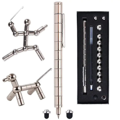 Multi-tool pen with interchangeable nozzles and attachments on a white background