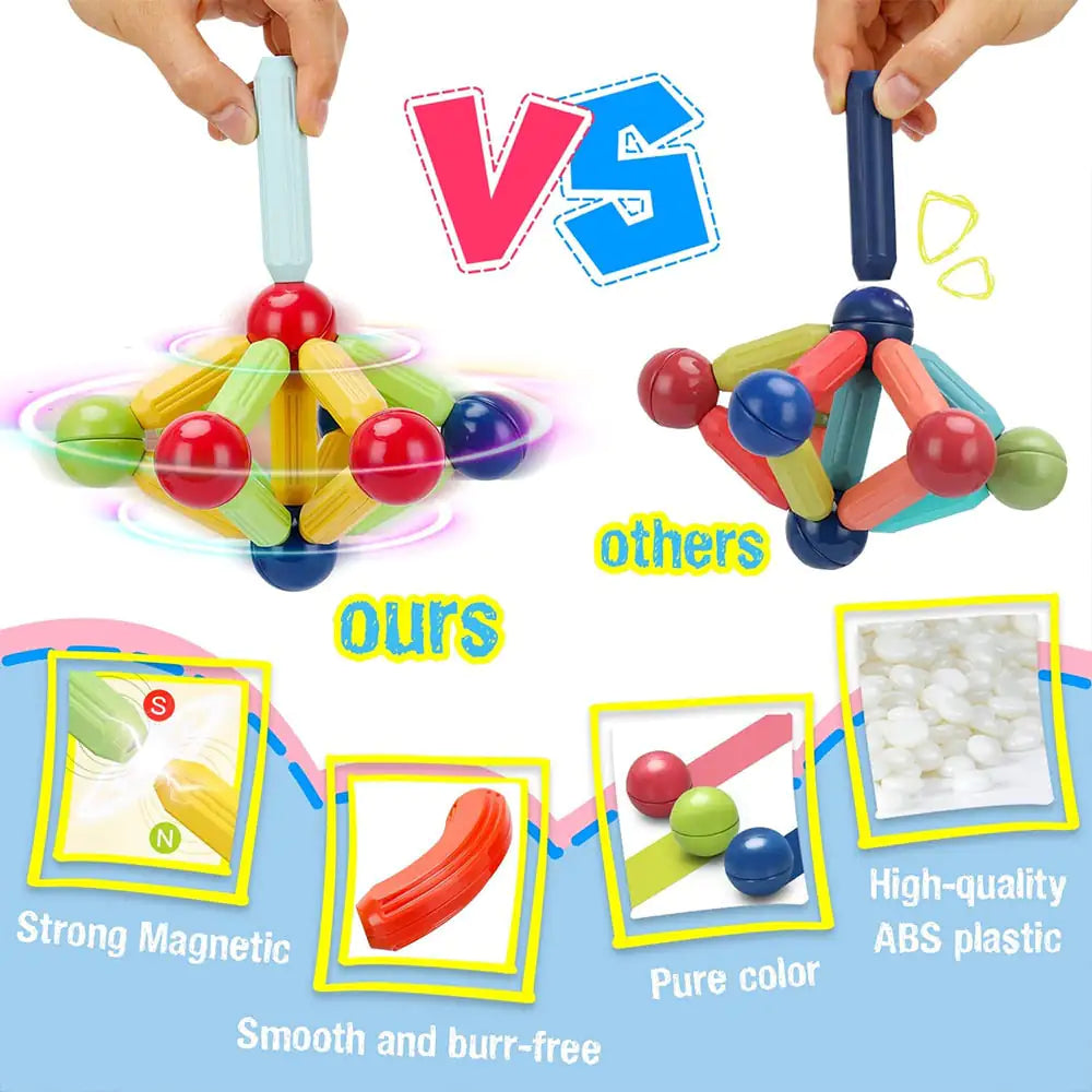 Colorful magnetic toys with text comparing features against 'others'.