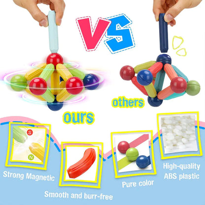 Colorful magnetic toys with text comparing features against 'others'.