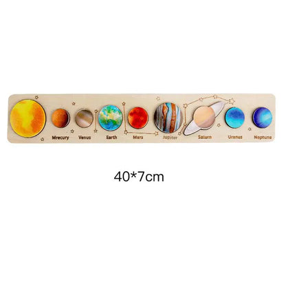 Wooden puzzle with colorful representations of planets on a white background