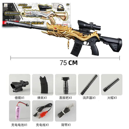 Toy gun with dragon design and accessories on a white background