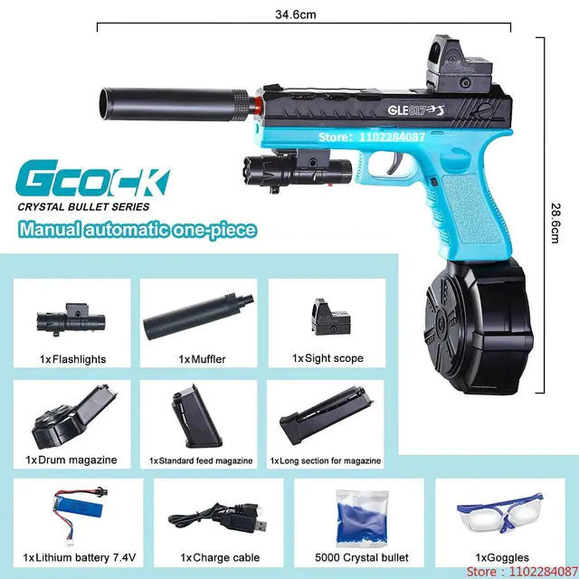 Blue and black paintball gun with accessories on a white background