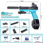Blue and black paintball gun with accessories on a white background
