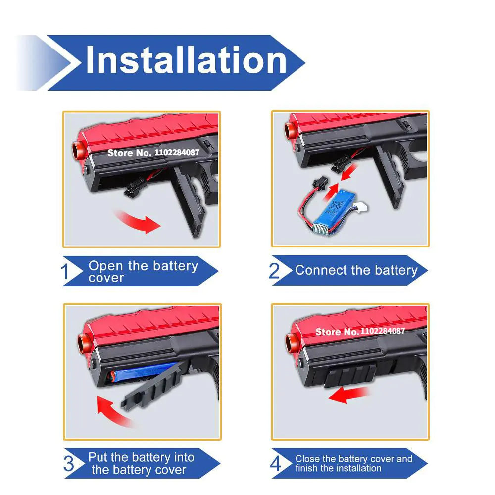 Step-by-step installation guide for a red and black device with battery cover and connection instructions.