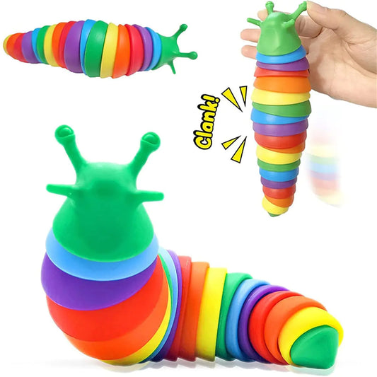 Colorful caterpillar toy with a hand holding it, showing the 'Clank!' sound effect.