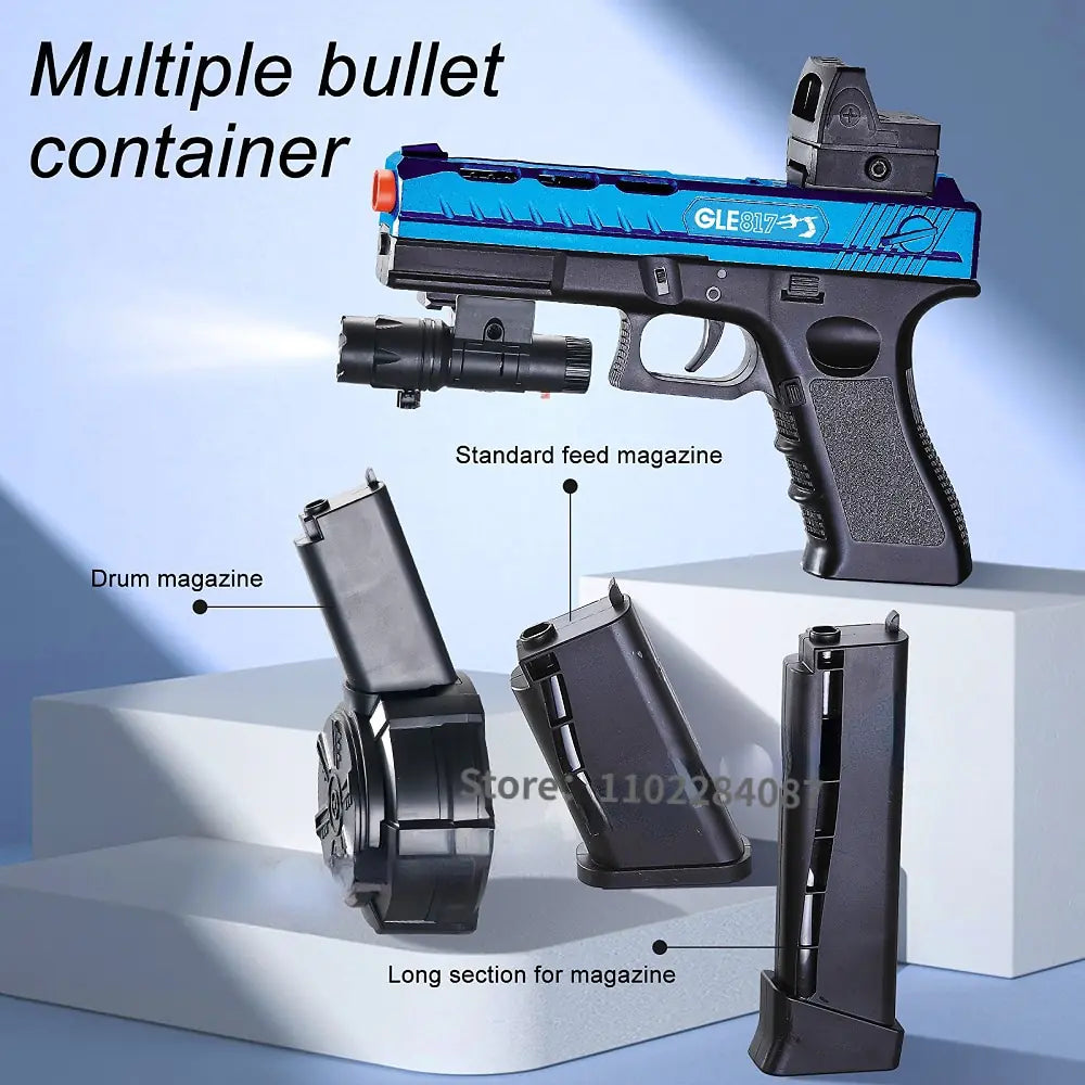 Toy gun with multiple bullet containers on a light blue background