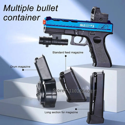 Toy gun with multiple bullet containers on a light blue background