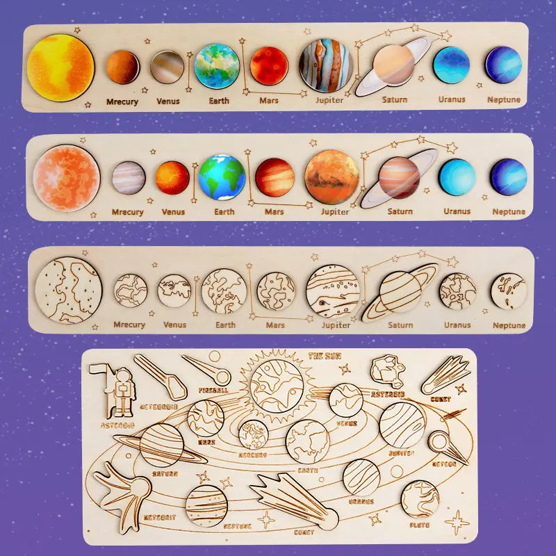 Wooden educational puzzle with illustrations of planets and space-themed elements on a purple background.