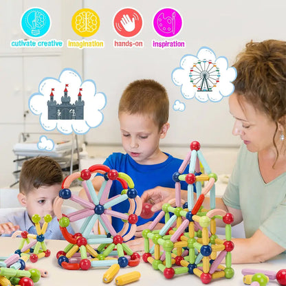 Children and a woman playing with colorful building toys in a classroom setting.
