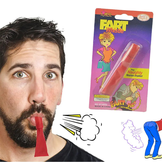Man with a red fart whistle and its packaging on a white background