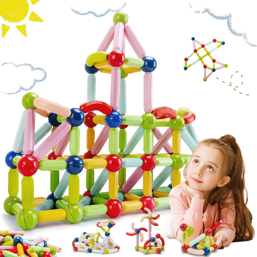 Colorful magnetic building blocks with a child playing with them