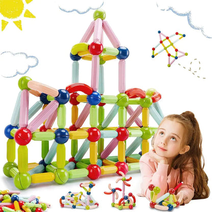 Colorful magnetic building blocks with a child playing with them