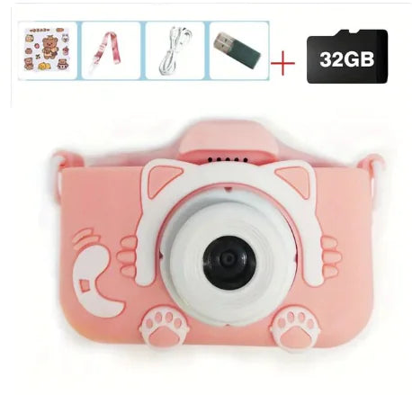 Pink children's camera with cat design on a white background