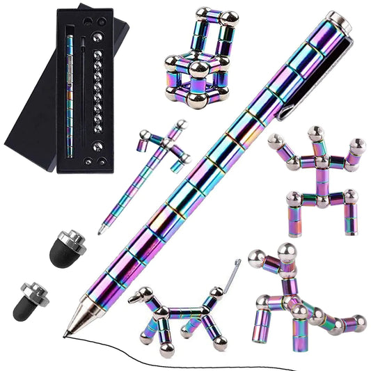 Colorful pen and fidget toys on a white background