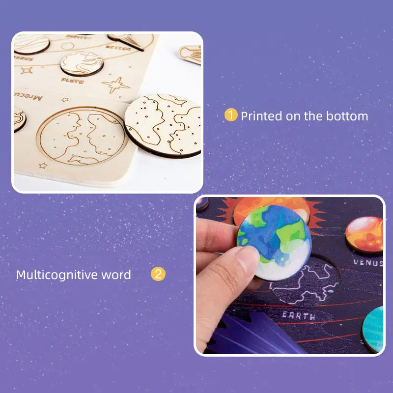 Wooden planet models with printed designs on a purple background