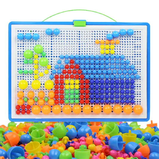 Colorful magnetic bead board with a train design, surrounded by additional beads.