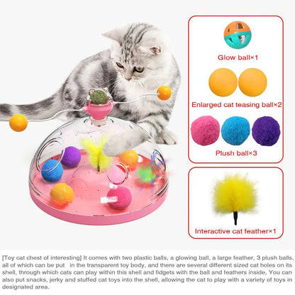 Cat playing with a colorful interactive toy with various balls and a feather.